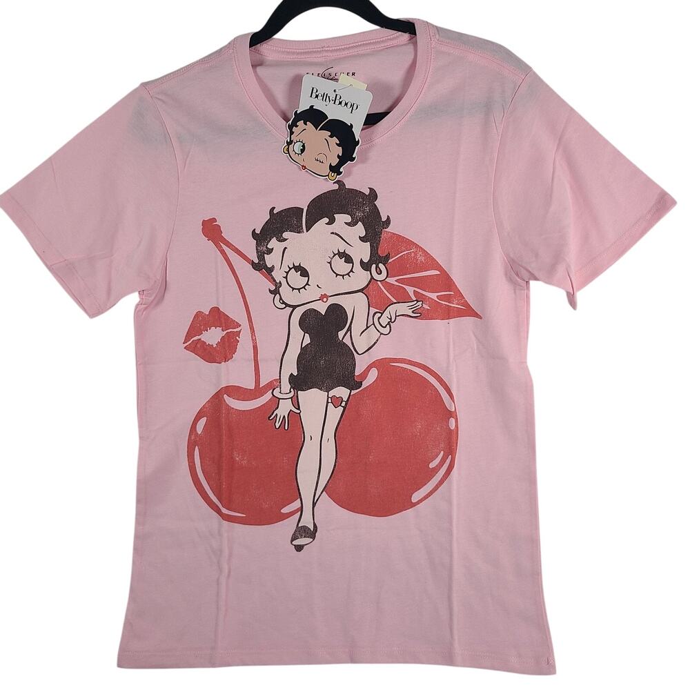 Betty Boop Pink Graphic T-Shirt Cherry Lips Print Women's Size S New